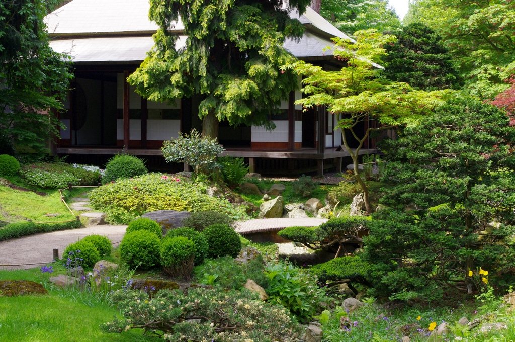 Landscaped garden with clipped shrubs and stone paths in front of a timber house